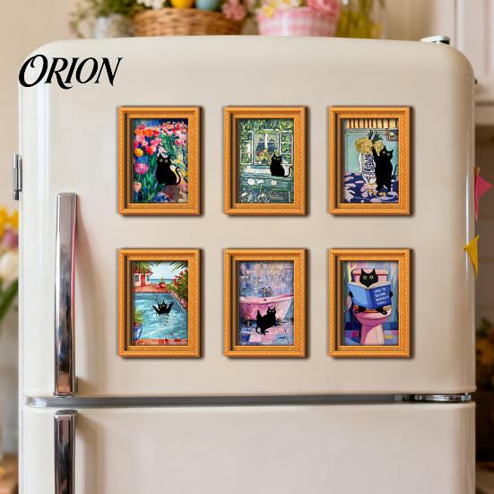 Cat Pattern Magnet Decor Oil Painting Refrigerator Magnet, Wooden Frame Black Decorative Fridge Magnets Theme Retro Rectangle Magnetic Decoration