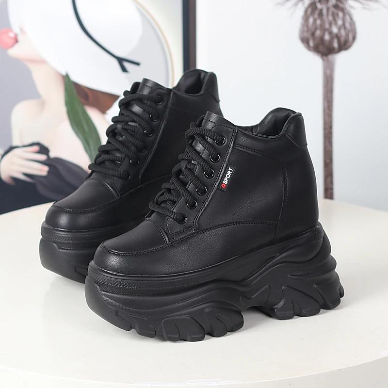 Fashion Autumn winter Women High Top Leather Shoes Platform Wedge Sneakers Chunky Shoes Hidden Heel 12CM White Black Women Casual Shoes