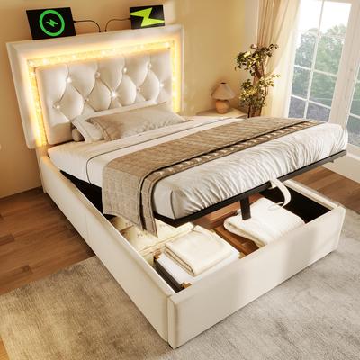 Gestoffeerd Bed 90x200 cm Fluweel met LED Diamantstrip in Hoofdbord, USB & Type-C Opladen, Hydraulische Bedlade, Jeugdbed, Beige (Zonder matras)