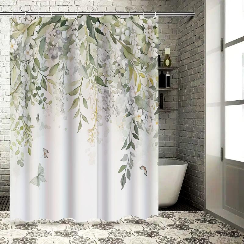 Charming White Flowers and Green Leaves Shower Curtain for Modern Bathroom Decor Waterproof Fabric with Hooks Enhances HomeStyle