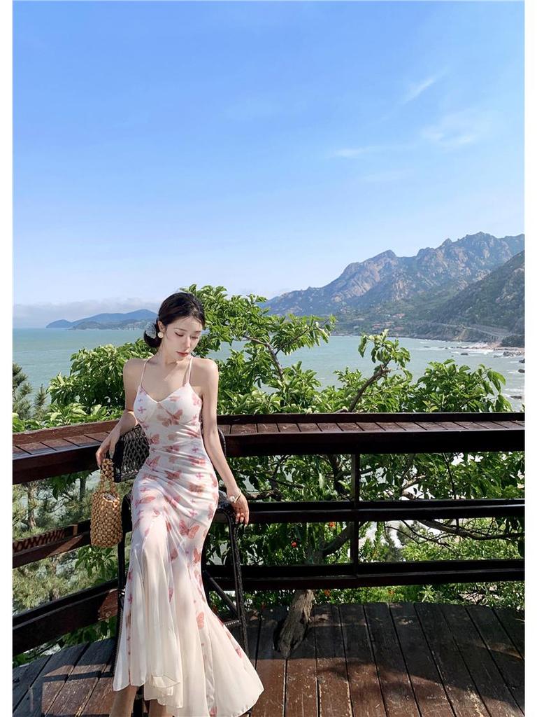 Květinové špagetové šaty s nízkými zády a rybím ocasem pro ženy - Zeštíhlující letní styl