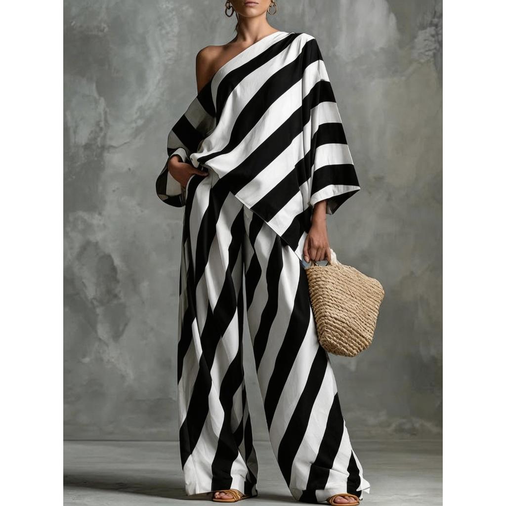 Women's One Shoulder Three Quarter Sleeve Loose Striped Print Top Wide Leg Pants Two Piece Casual Outfit