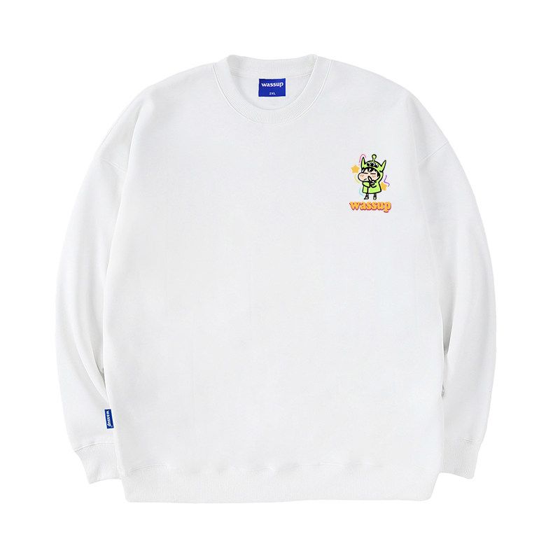 Wassup Trendy Brand Heavyweight Cartoon Shin-Chan Crewneck Sweatshirt for Men, New Autumn and Winter Fleece-Lined Loose Pullover Top