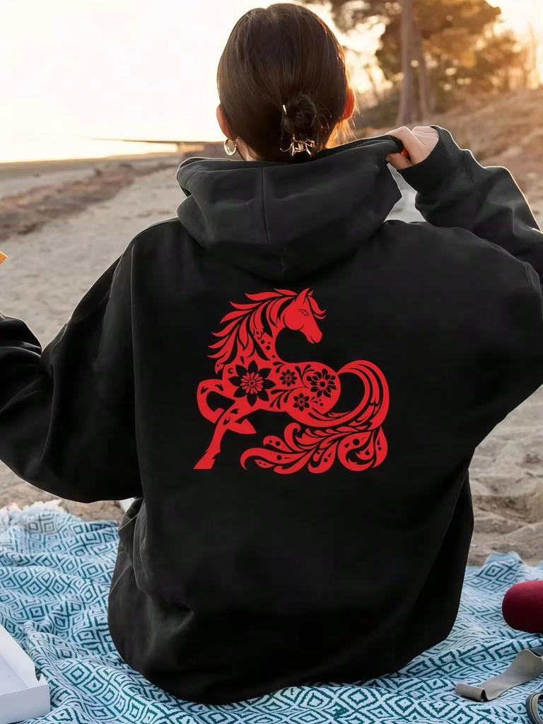 Novelty Hoodie With Chinese Zodiac Horse And Cut Paper Art Print Comfortable Casual Style Drawstring Hood Ideal For Fall Winter Wo