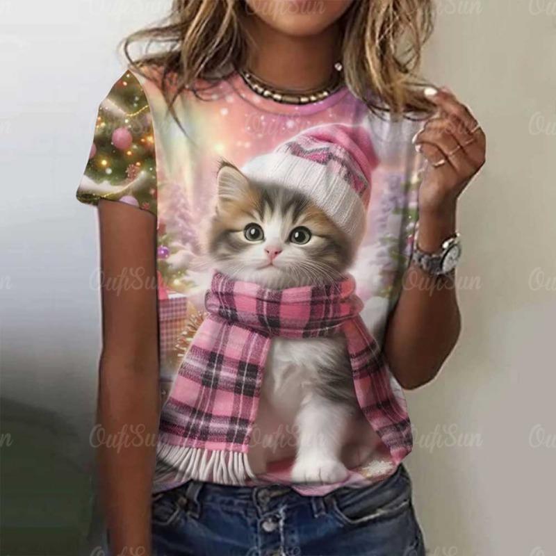 

Женская футболка с короткими рукавами и милым котом, рождественскими животными, с круглым вырезом, модная одежда 2024 года, летняя повседневная одежда больших размеров XL