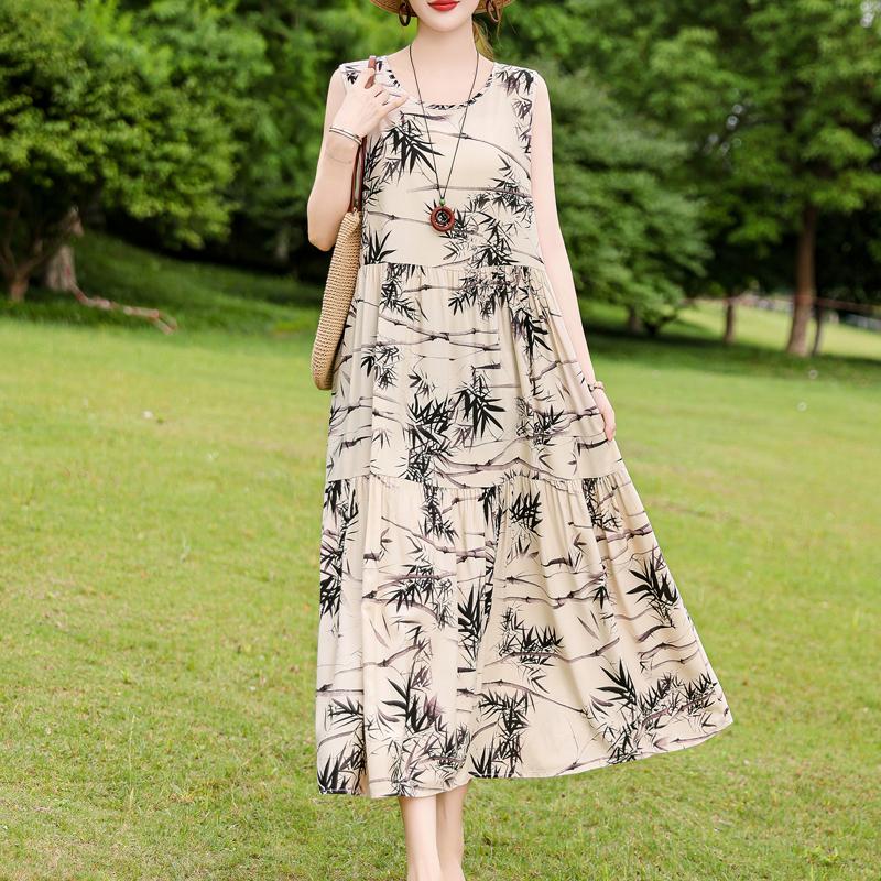 Elegant Sleeveless Dress for Women Plus Size Loose Vintage Print Long Dress Summer Middle-aged Women's Clothing