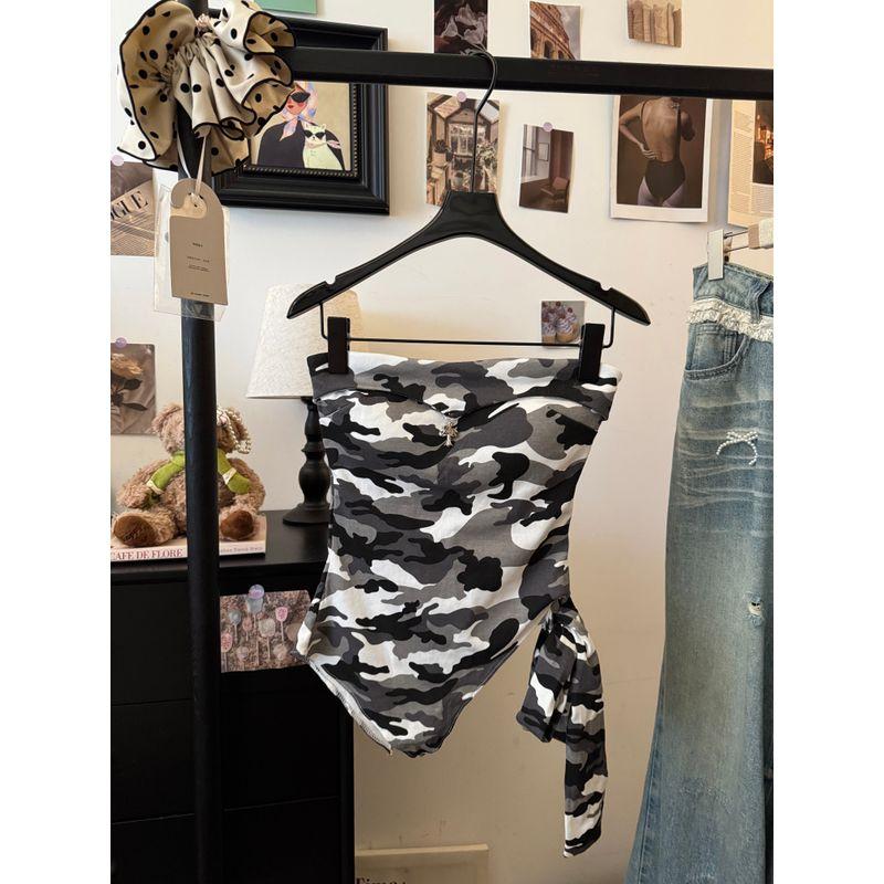 Kumikumi American Style Gyaru Style Retro Camouflage Tube Top Vest Women clothes Summer Irregular Straps Sleeveless Top