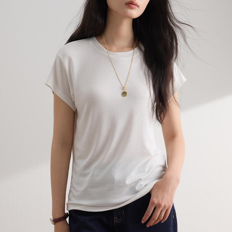 Lyocell women's round-neck t-shirt top, spring/summer 2026 new model, skin-friendly, breathable, slimming, short-sleeved