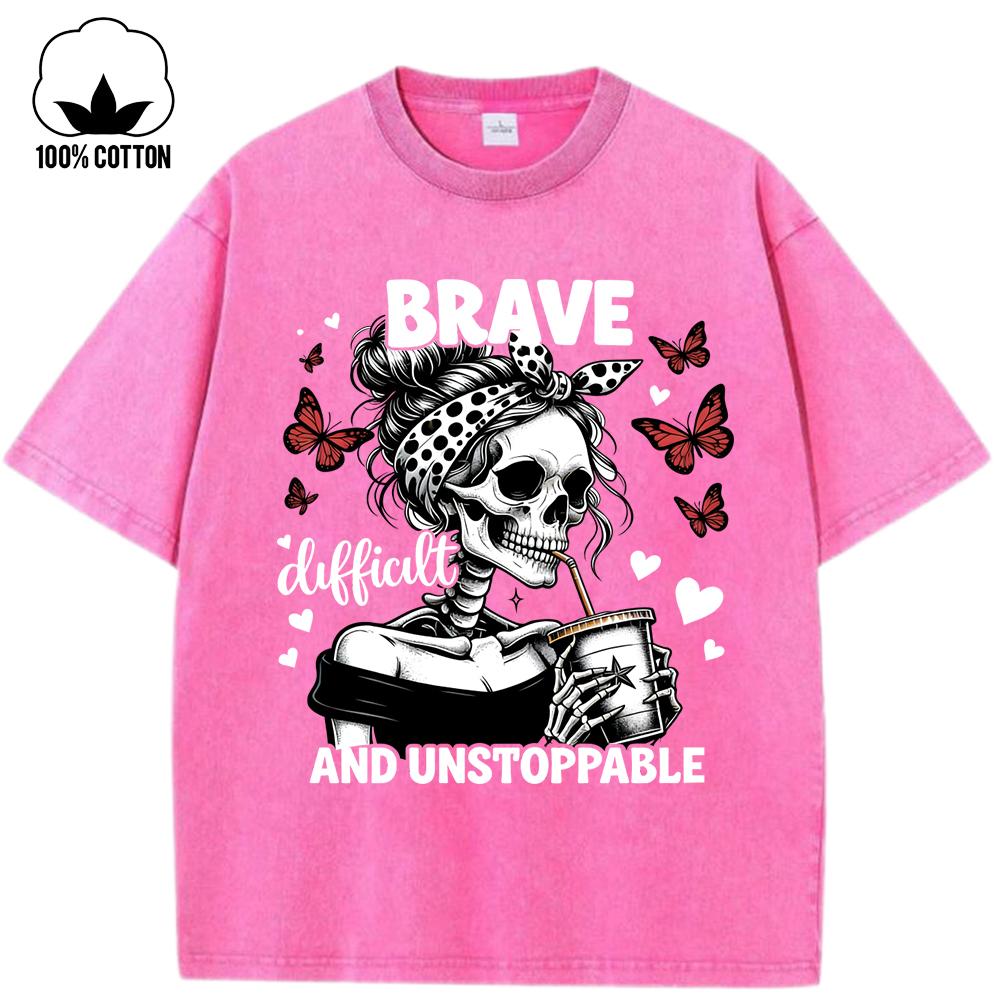

Brave Difficult Drinks Butterfly Skulls Printing Washed Holes T-Shirt Women Cotton O-Neck T Shirts Woman Summer Loose 3XL