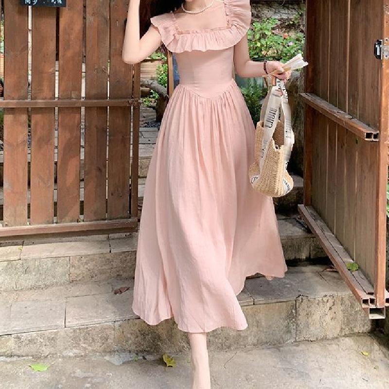 Sweet and Gentle Pink Small Flying Sleeve Dress Women's Summer Lotus Leaf Edge Square Neck Long Dress Waist Temperament a Word Skirt