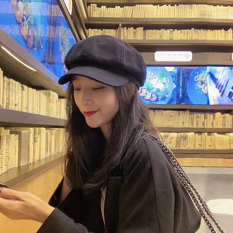 

Осенне-зимняя черная восьмиугольная шляпа женская, берет с высокой стоимостью, кепка, для маленького лица и большого обхвата головы, шляпа газетчика M（56-58cm）