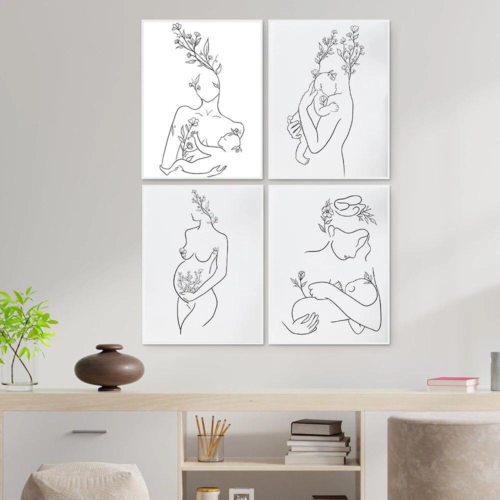 

Abstract Line Drawing Mother Baby Art Poster Minimalist Wall Art Canvas Print Painting Bedroom Modern Picture