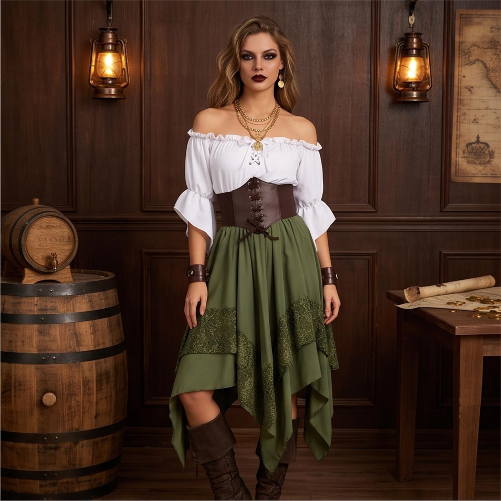 Rochie de mătase în stil renascentist pentru doamnă, de Halloween (top + curea + fustă midi) XL brown