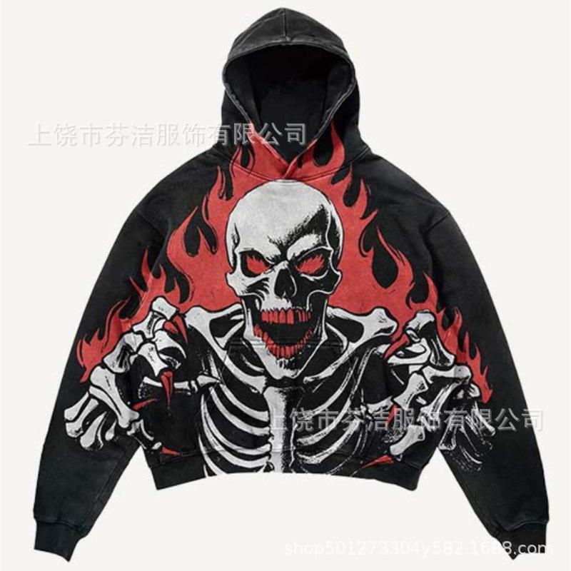 American Flame Skull Frame 3D Printed Hooded Sweatshirt, Vintage High Street Loose Trendy Brand Pullover Sweatshirt