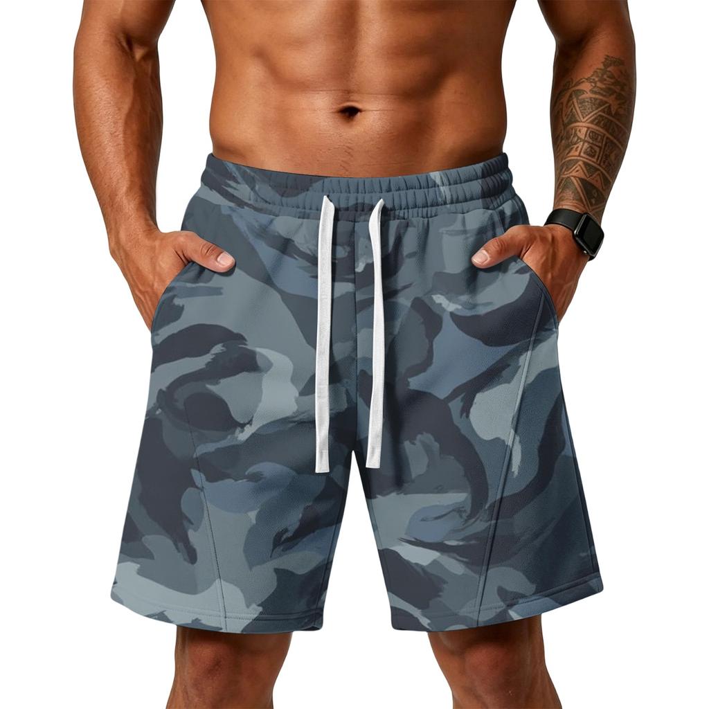 Herren Locker geschnittene Camouflage Print Sportliche Trainings-Fitnessstudio Strandshorts mit Kordelzug Taille und Taschen für Sportaktivitäten