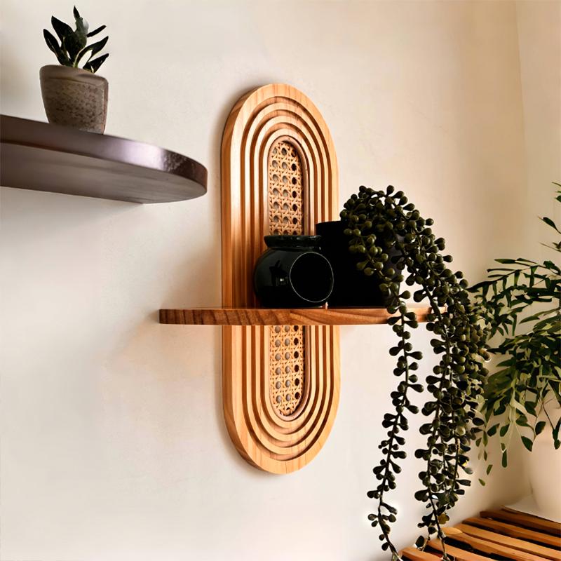 1PC Solid Sturdy Shelf Natural Wood Bohemian Wall Minimalist Rattan Weave Space-Saving Mounted Multi-Purpose