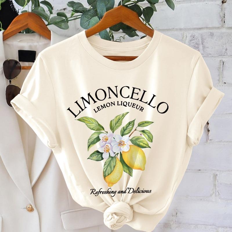 LIMONLLO letter lemon flower printed short sleeved round neck T-shirt for women S