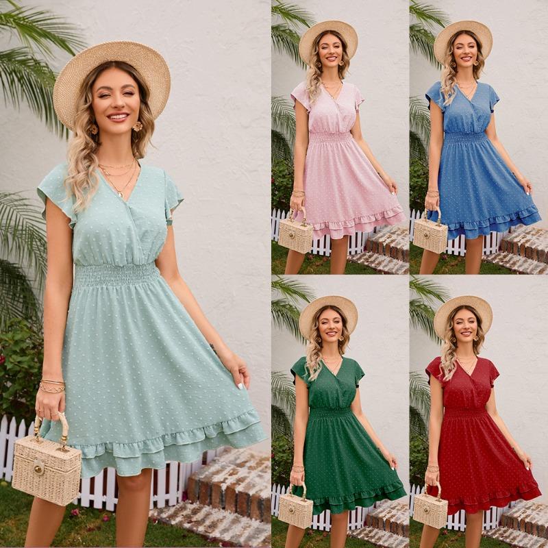 Damen Frühling Sommer Taille V-Ausschnitt Kleid Urlaub Freizeit Kurzarm Schlankheitskleid