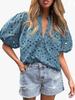 Top Estivo da Donna Moda Casual Manica a Lanterna Scollo a V Bottoni Ricamo Intrecciato in Pizzo Camicia