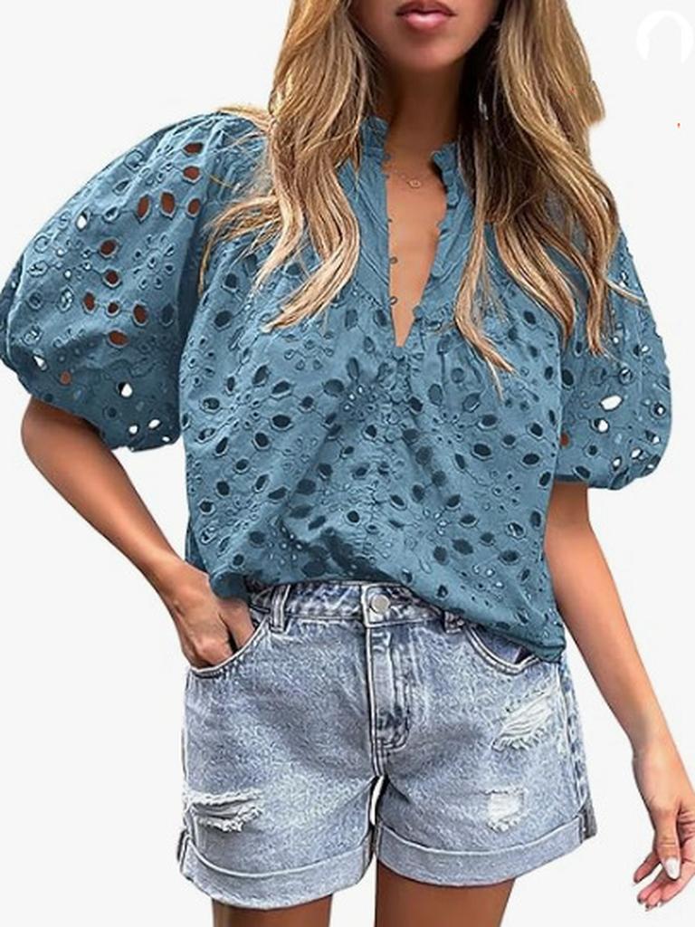 Top Estivo da Donna Moda Casual Manica a Lanterna Scollo a V Bottoni Ricamo Intrecciato in Pizzo Camicia