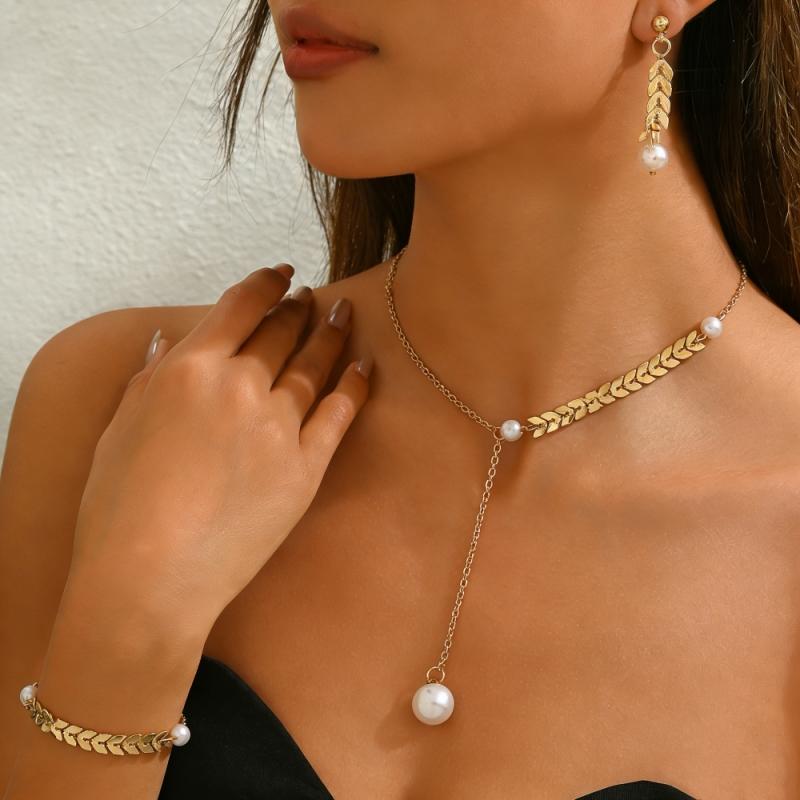 Gold Color Ear of Wheat Women s Zircon Set Imitation Pearl Beads Bohemian Earrings/Necklace/Bracelets Female Zircon Set 2026