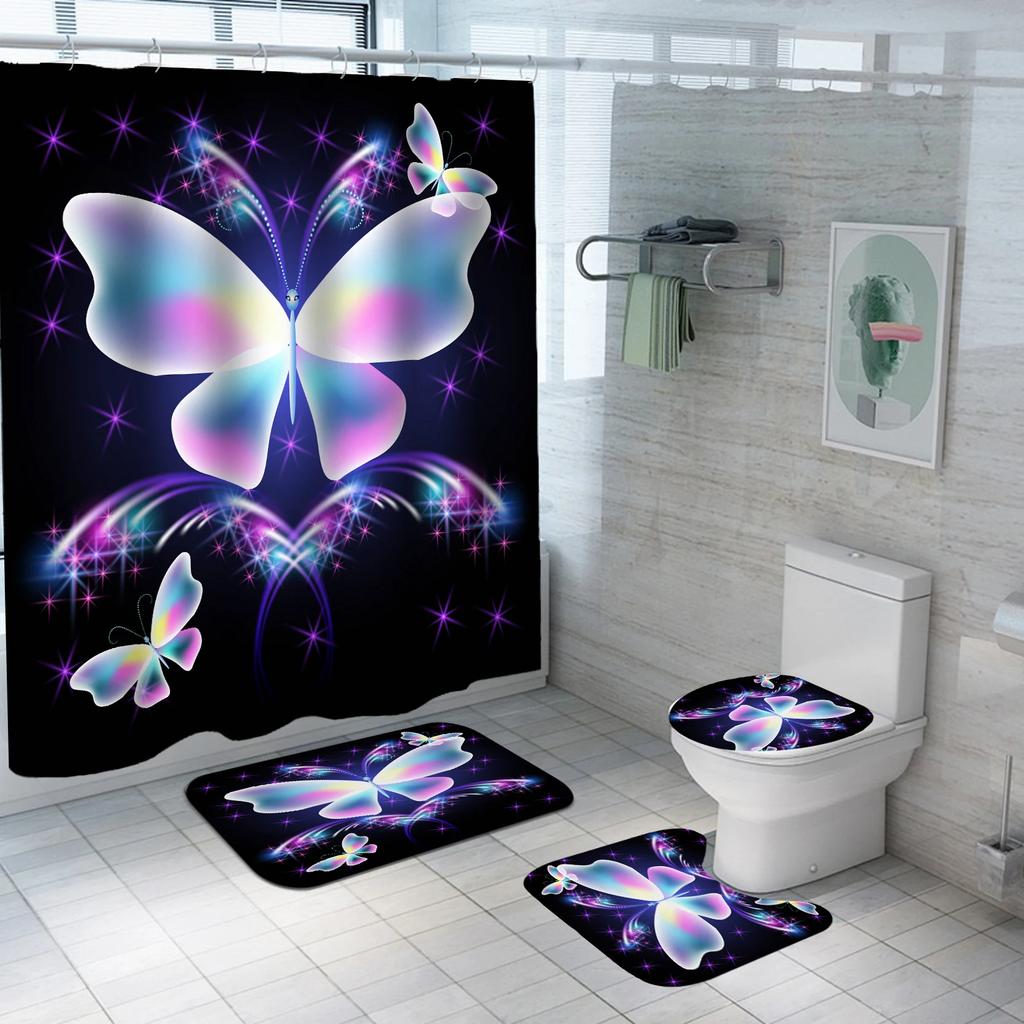 Colorful Butterfly Shower Curtain Set Waterproof Bathroom Curtain Set Anti-Slip Bath Mat Set Toilet Rugs Carpet Home Decor