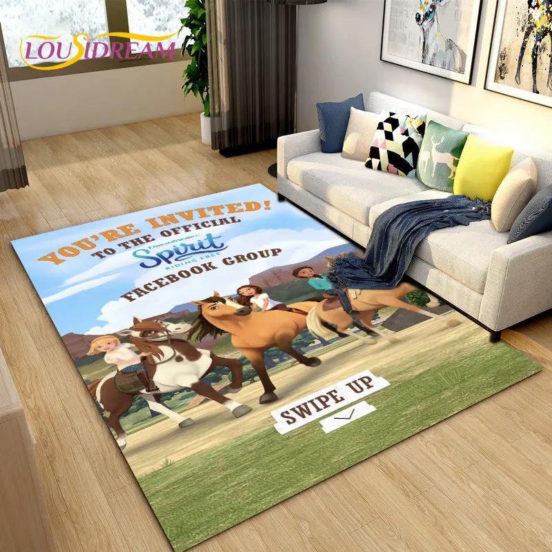 Cartoon Spirit Riding Free Horses Area Rug,Carpet Rug for Living Room Bedroom Sofa Doormat Decoration, Kids Non-slip Floor Mat