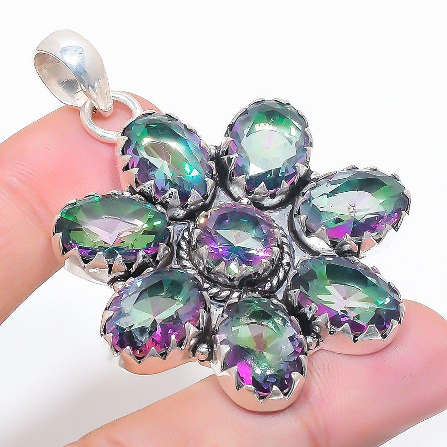 Natural Mystic Rainbow Topaz 925 Sterling Silver Jewelry Pendant 2.36" d0T16