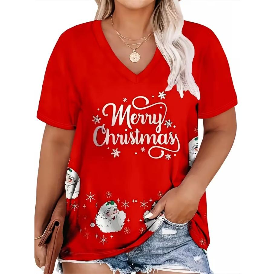 XL-7XL Plus Size Women's Men Christmas Casual 3D Print Loose V Neck Short Sleeved T-shirt Top