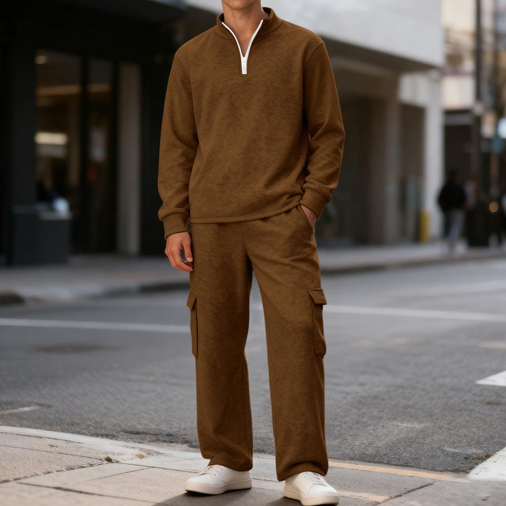Men's Classic Casual Outdoor Activewear Set | Fleece Solid Color Quarter-Zip Stand-Collar Hoodie & Elastic-Waist Cargo Pants 2-Piece Outfit