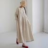 Japanese Korean Style Loose Plus Size Dress Cotton Linen Pullover Round Neck Solid Color Knee Length Swing Skirt