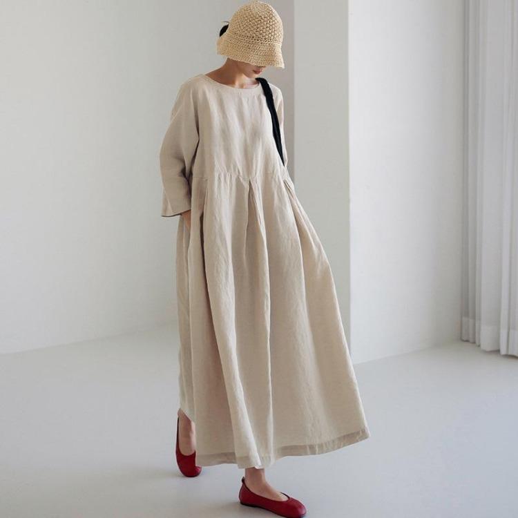 Vestito Oversize Stile Giapponese Coreano Cotone Lino Pullover Girocollo Monocolore Lunghezza al Ginocchio Gonna Svasata