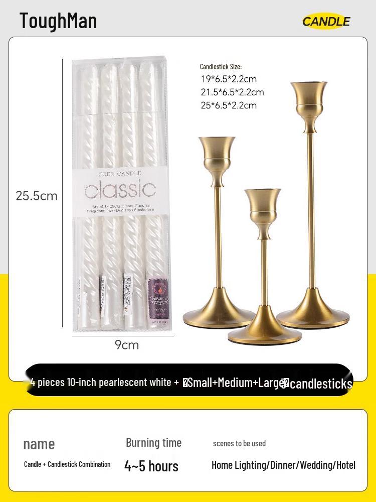 Gold Spiral Candlestick for Romantic Candlelight Dinner - Long, Smokeless, White Candle