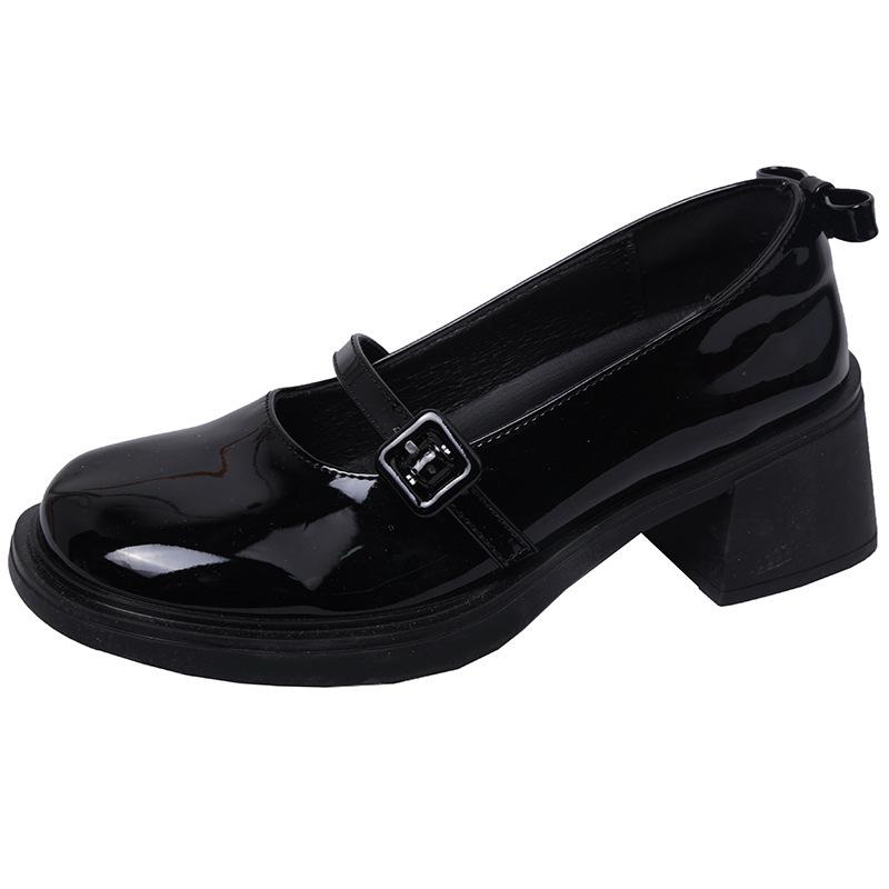 Simple black round head casual French thick heel small leather shoes women's 2025 new spring and autumn shallow mouth Mary Jane single shoes