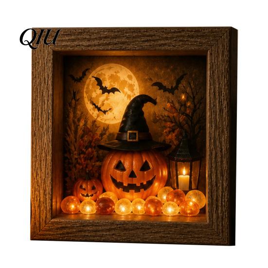 Personalized Halloween Display Shadow Box Frame DIY Lighted Craft Kit, Wooden Night Light with Seasonal Interior Decor Sea Glass Stones, Gothic