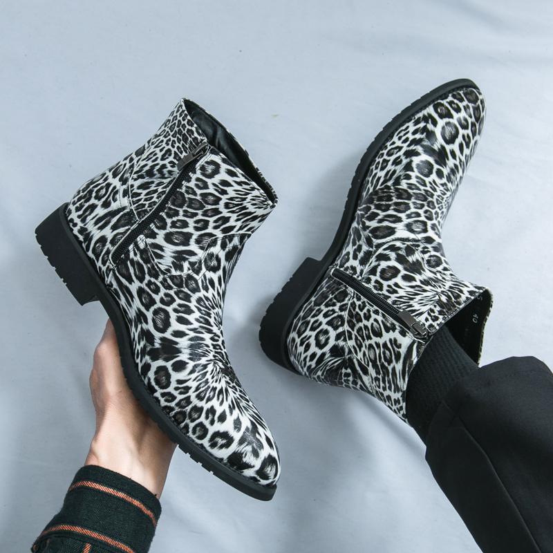 Men’s Leopard Print Boots Dress Formal Leather Boots Pointed Toe Shoes Tuxedo Wedding Shoes Plus Size