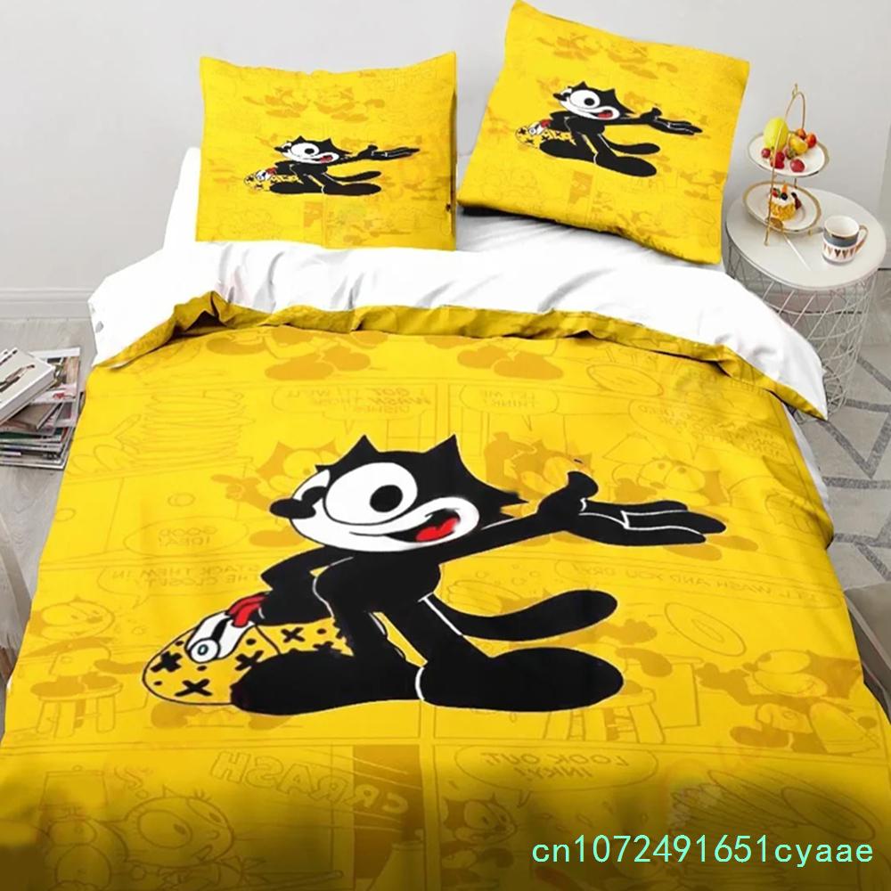 Carino Set Biancheria da Letto Cartone Animato Gatto F-Felix, Copripiumino Coperta Set Letto Copripiumino Federa, Dimensioni King Queen Twin Bambini Bambine Adulti