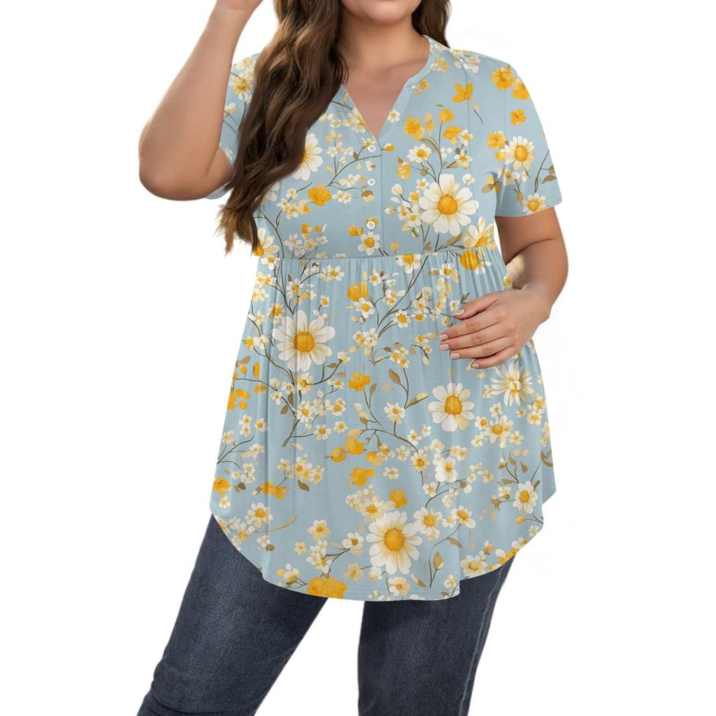 Dame Print Stor Størrelse V-hals Knapp-opp Topp Casual Kortermet Vid Topp