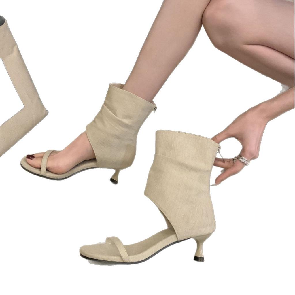 2025 new French niche trousers boots high heel cool boots women's summer stiletto sandals medium heel Roman women's shoes