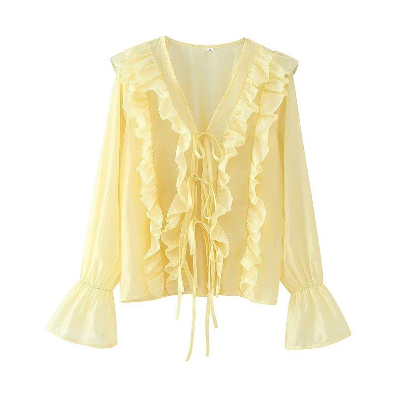 

Kaslead New Arrival Women s Clothing Fashion Style Fashion Chiffon Ruffles Tie-Neck Flared Sleeves Tops Yellow S