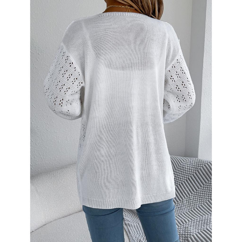 QICED Autumn and Winter Solid-color Hollowed-out Lantern Long-sleeved Cardigan Sweater Mid-length Coat Women's Wear