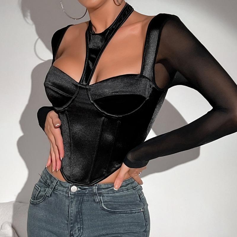 Streetový krátký sexy Y2K crop top pro ženy síťovaný patchwork halter s dlouhým rukávem halenka top pro ženy módní jednobarevný elegantní slim fit dámské tričko 24431