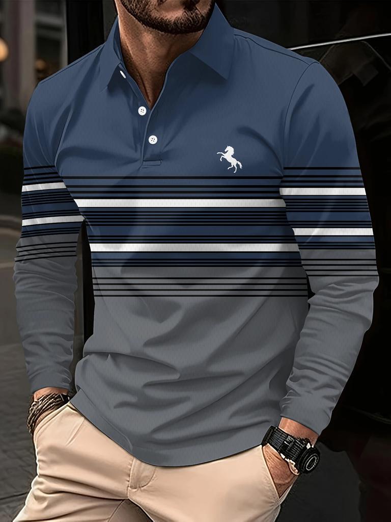 Men's spring and autumn long-sleeved shirt polo men's business casual lapel striped top polo