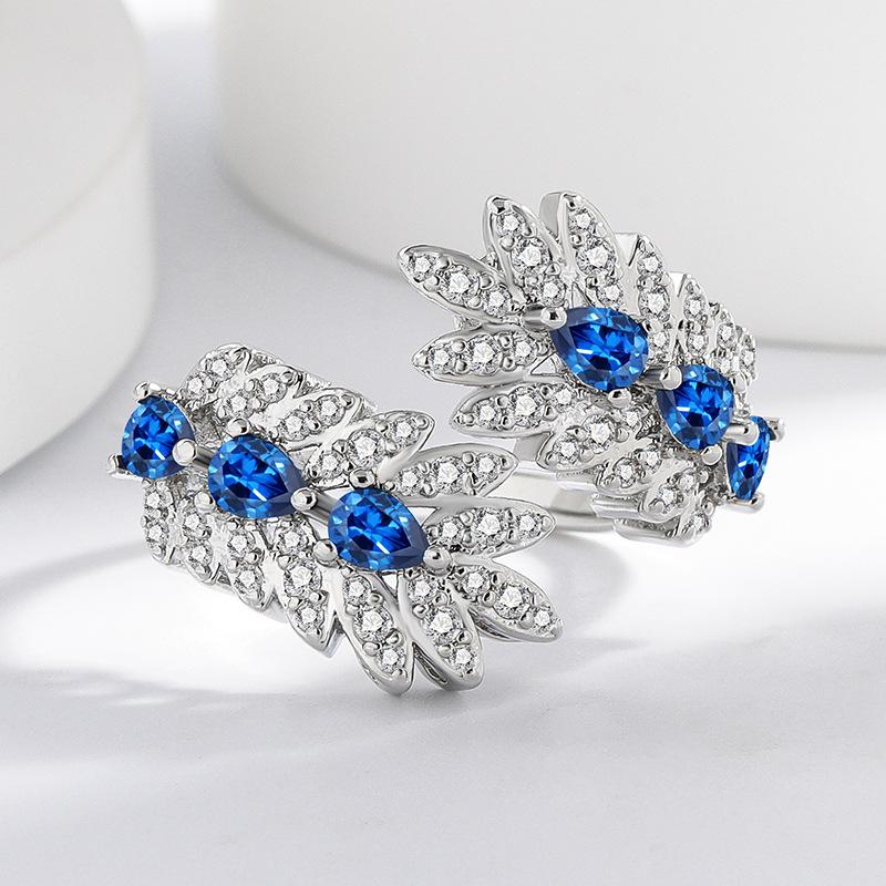 925 Sterling Silver Fashion Versatile Blue Spinel Zircon Leaf Ring Birthday Party Anniversary Gift
