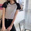 Women's Crew Neck Raglan Short Sleeve Slim Color Block Crop Top Y2K Cutout Waist Casual T-Shirt