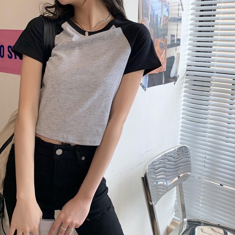 Women's Crew Neck Raglan Short Sleeve Slim Color Block Crop Top Y2K Cutout Waist Casual T-Shirt