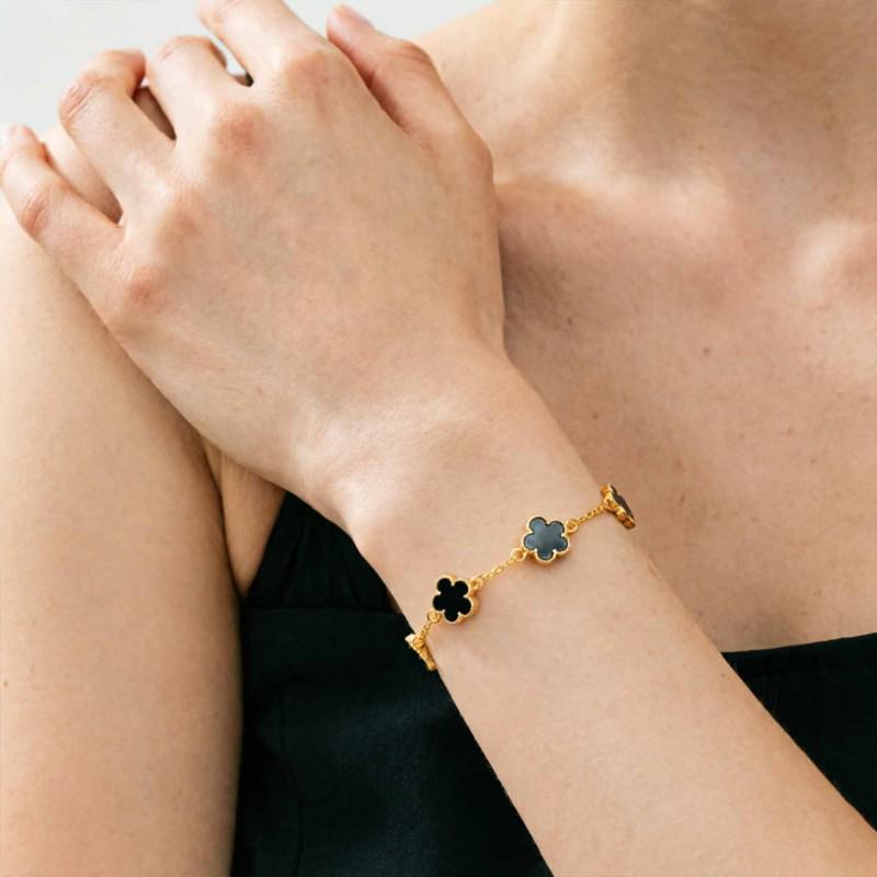 Elegant Black Four-Leaf Clover Bracelet: Exquisite Double-Sided Enamel Design Jewelry