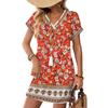 Women's Fashionable Floral Print V-neck Short Sleeved Pocket Casual Pullover Dress