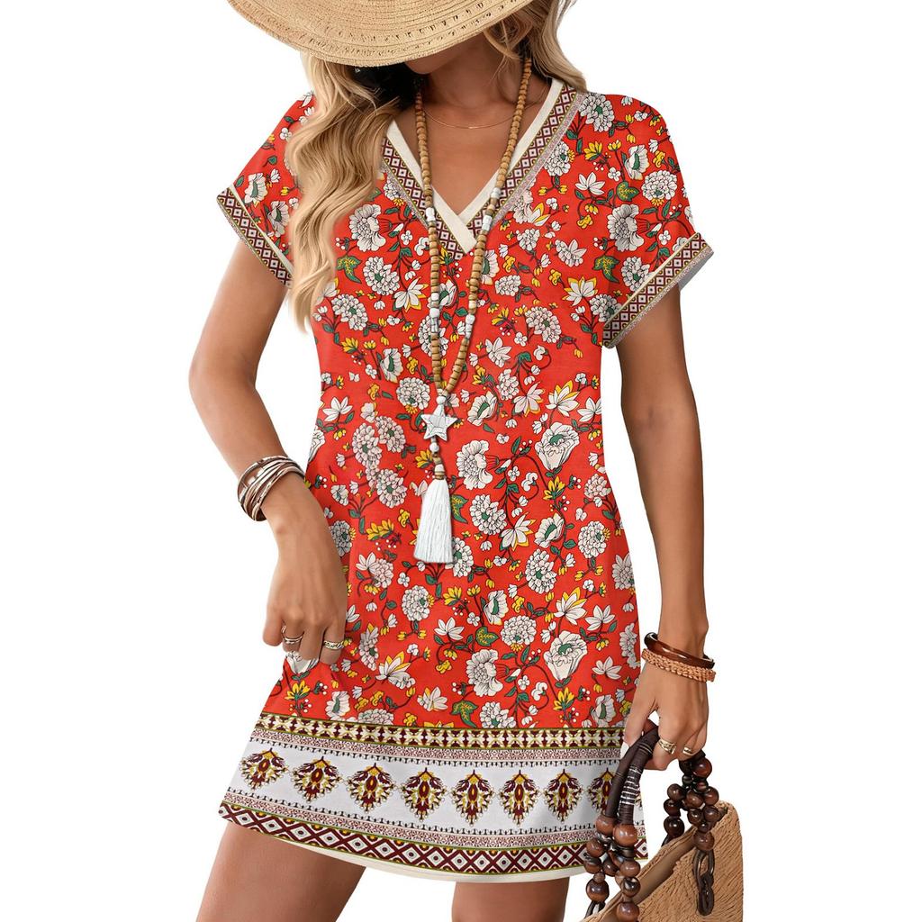 Women's Fashionable Floral Print V-neck Short Sleeved Pocket Casual Pullover Dress