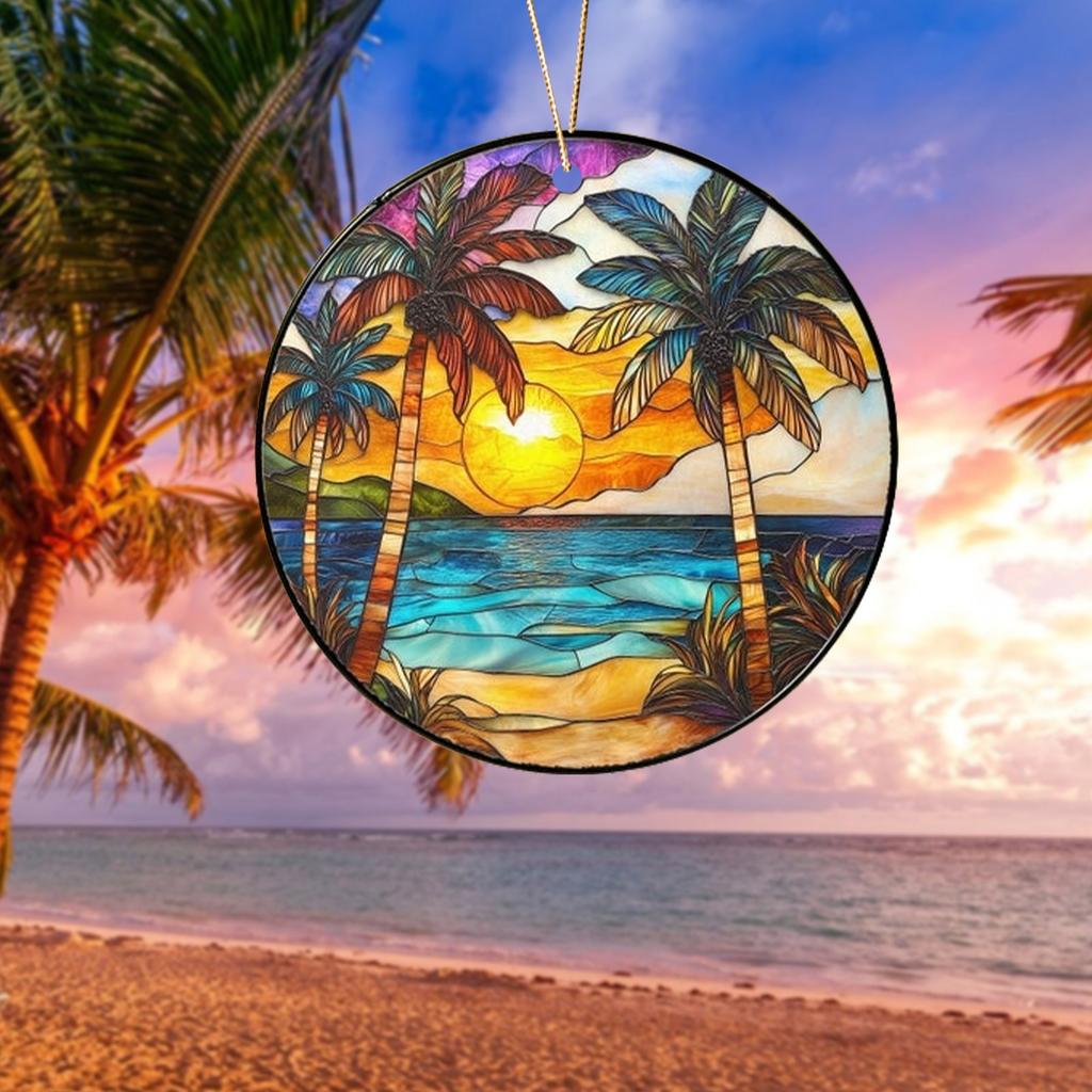 Beach Sunset Suncatcher Ornament Acrylic Window Decoration, Creative Lighting Craft Pendant Home Decoration Hanging